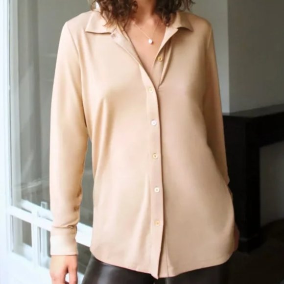 L'AGENCE Nina Silk Long Sleeve Collared V-Neckline Peach Button Up Blouse NEW XS - Picture 1 of 9